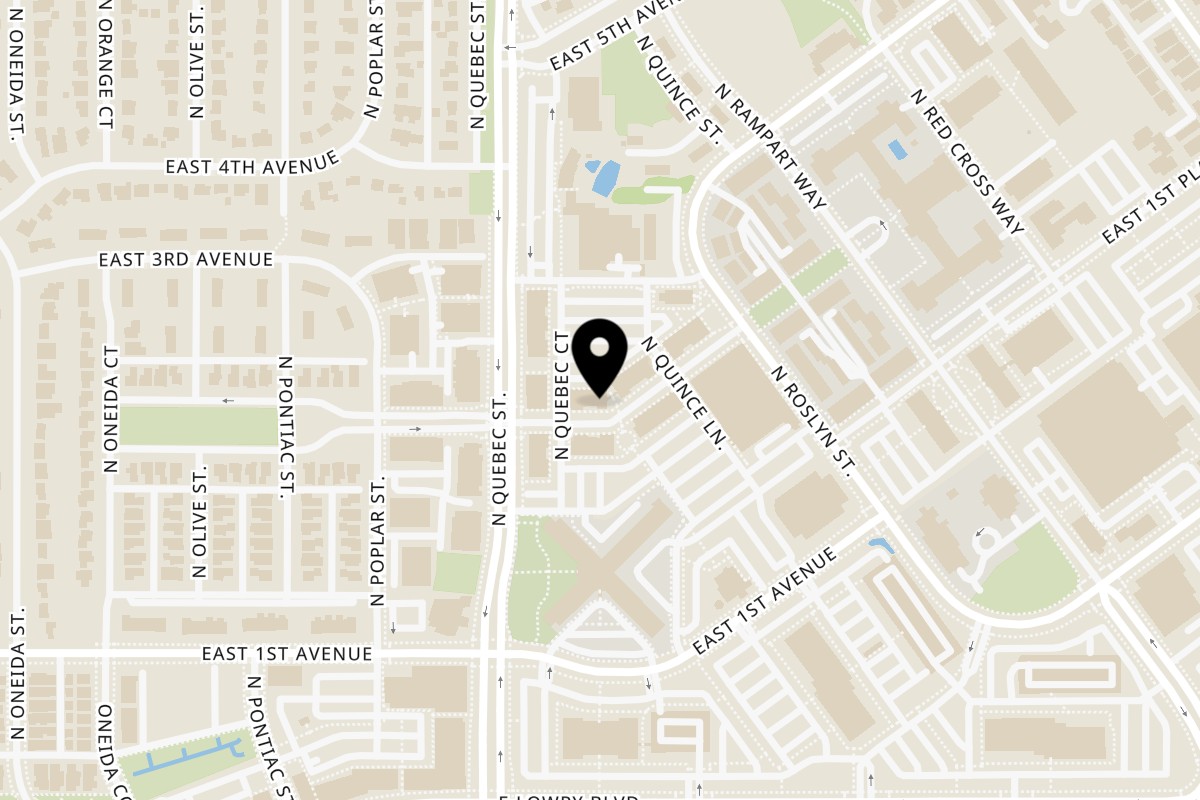 Map showing the location of Baekga on 200 Quebec St Bldg 600 unit 115 in Denver